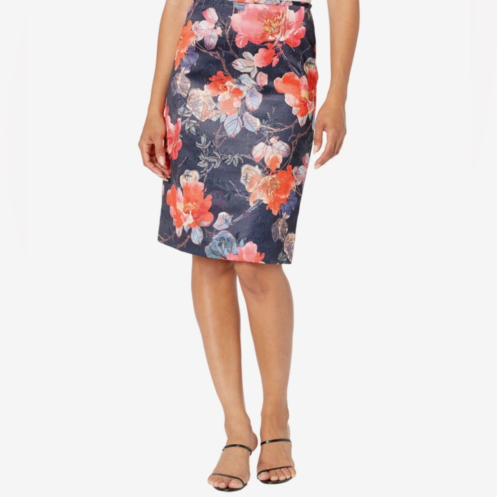 Tahari Floral Navy Metallic Coral Jacquard Pencil skirt career preppy church